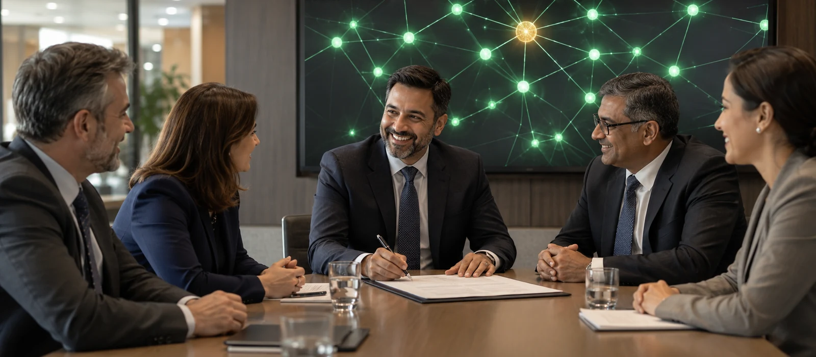THE RAJ partnership lead building a B2B doctor and hospital referral network in a business meeting, referral-network diagram on screen