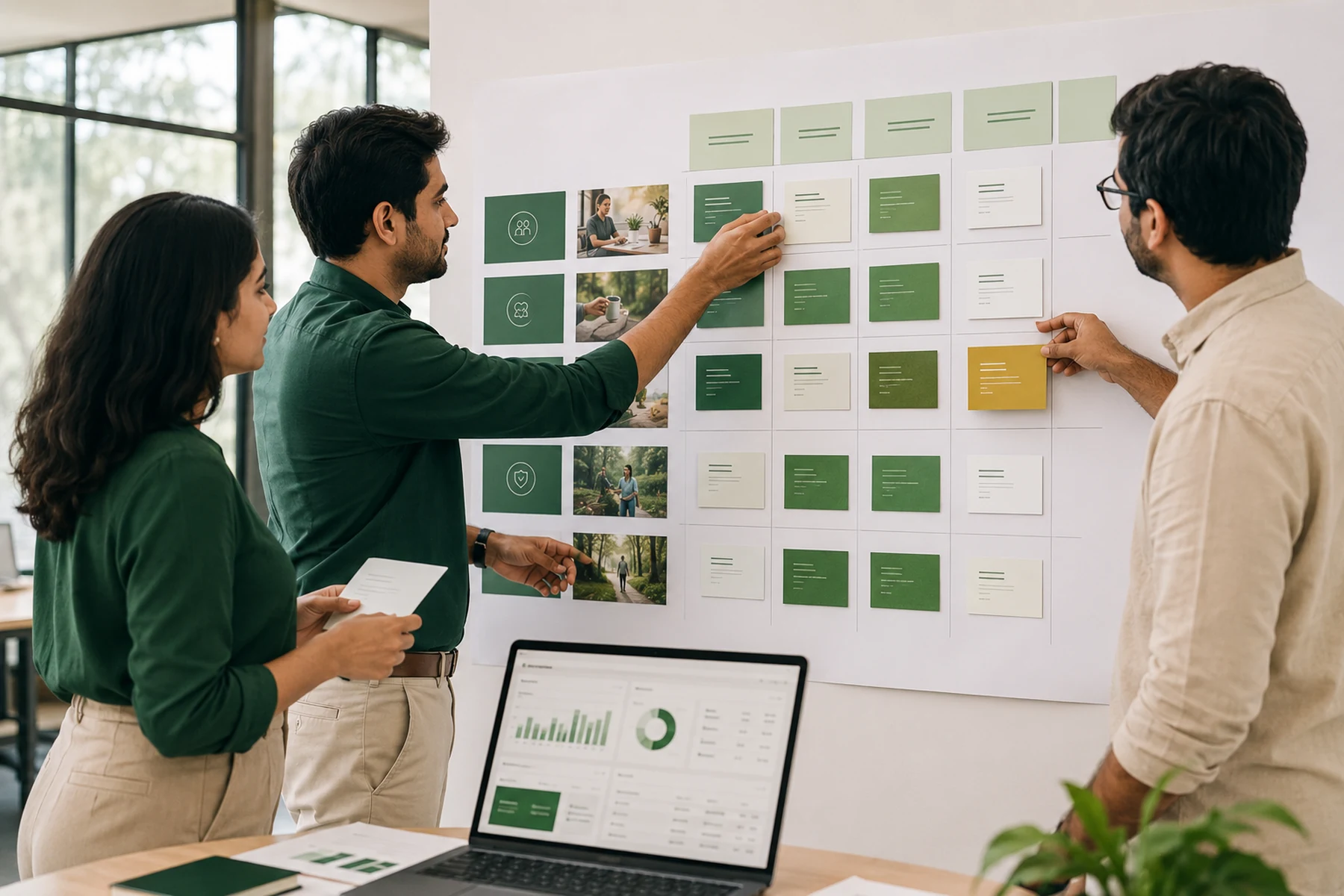 Marketing strategists mapping a home care service portfolio and premium pricing tiers on a planning wall