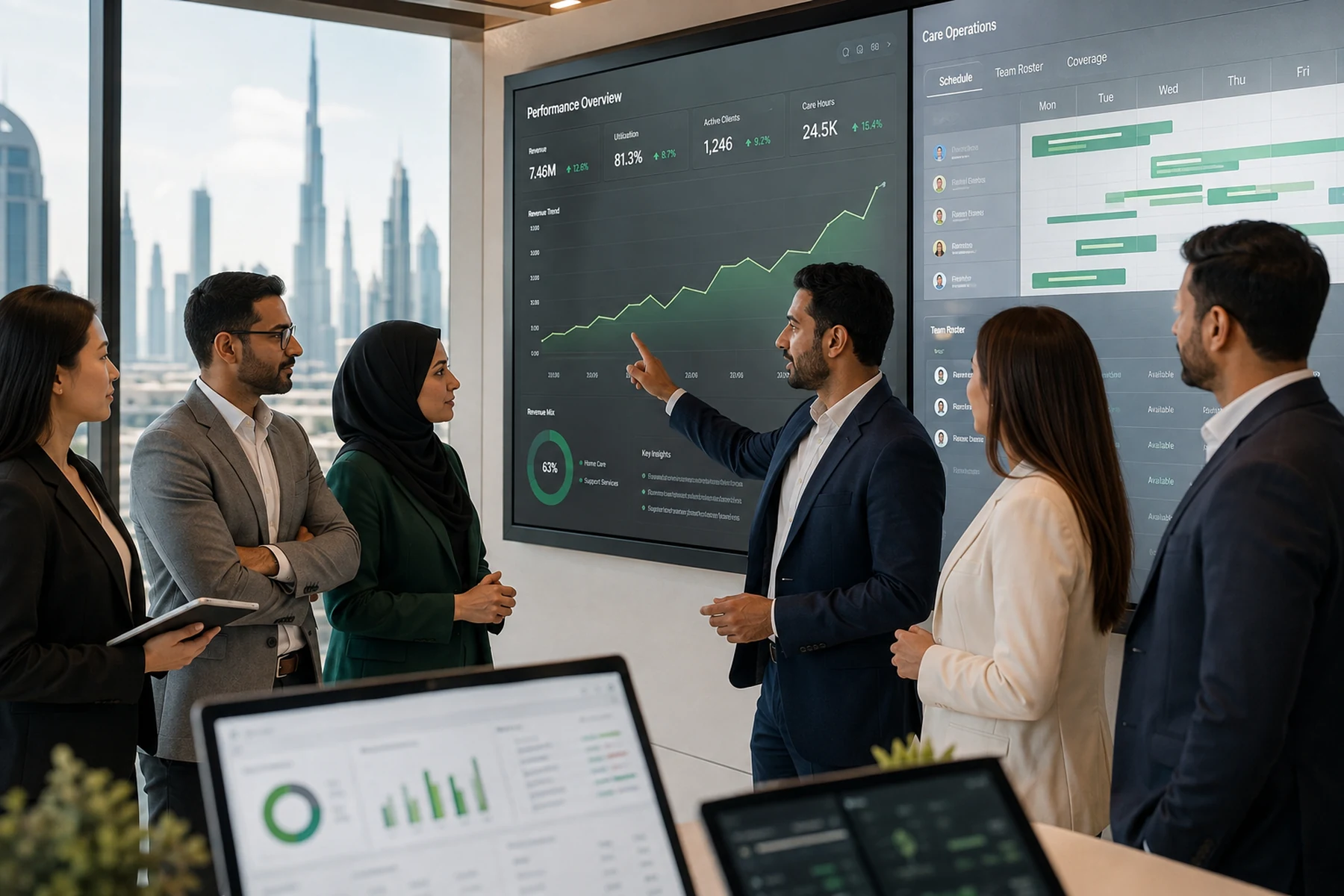 THE RAJ operations team reviewing revenue growth and staff-utilization dashboards during a Dubai home healthcare business turnaround
