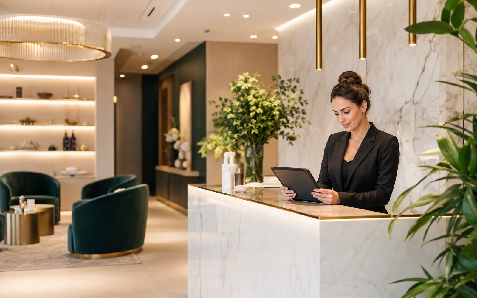 Premium medical-aesthetics clinic reception and consultation lounge interior