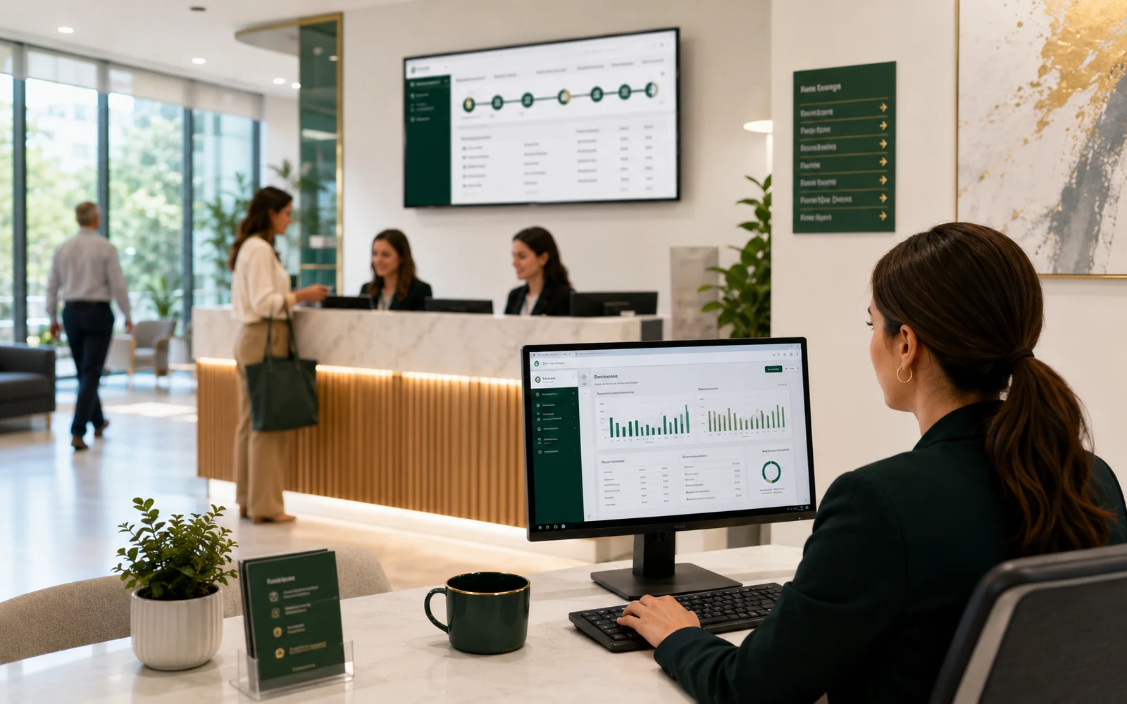 Modern medical clinic front-desk reception and patient check-in operations