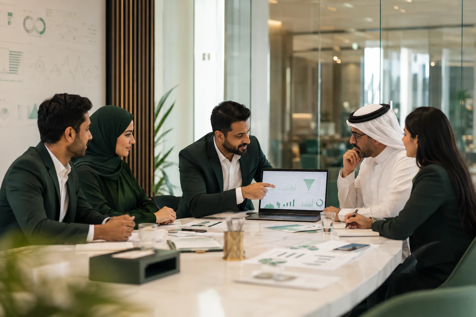 THE RAJ growth strategists and a clinic's operations and finance leaders reviewing a P&L and marketing dashboard together in a joint planning session