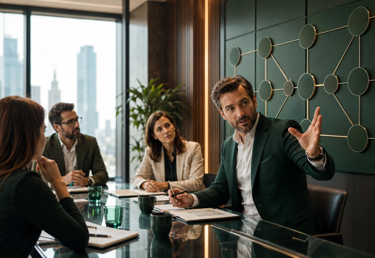 THE RAJ growth strategists and healthcare-business leaders coordinating nine connected service pillars in a boardroom